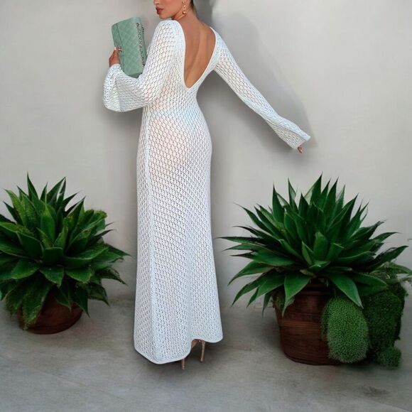 COMMENSE Women’s Long Sleeve Crochet Knit Maxi Dress in the Size Medium in White - Picture 11 of 14